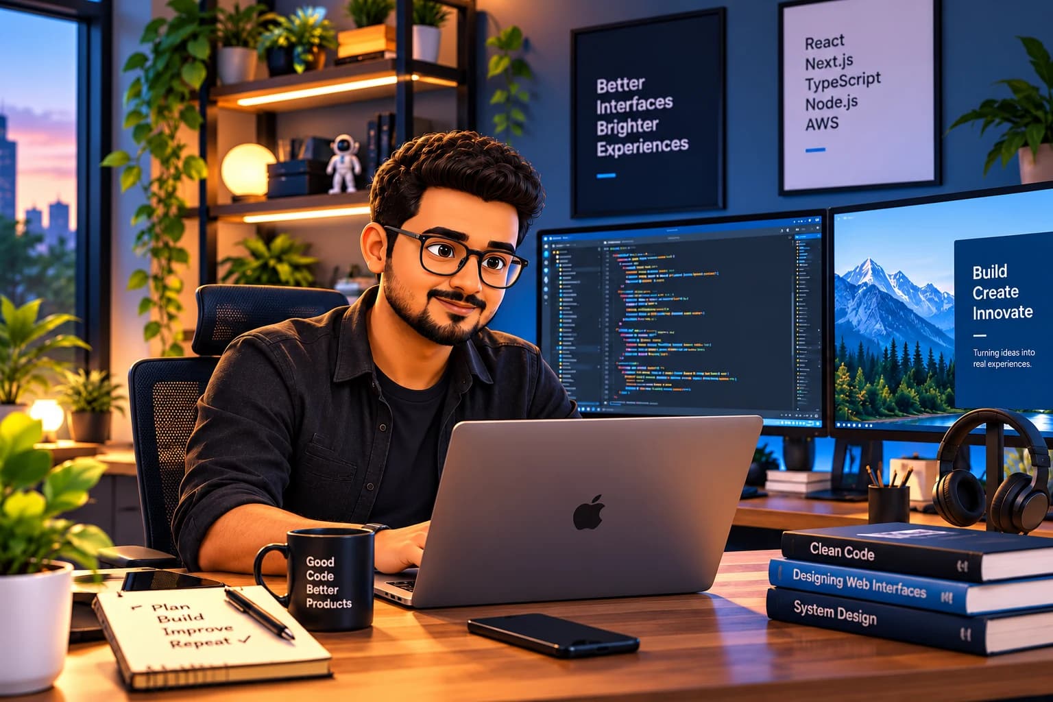 Illustrated portrait of Gokul Kumar Krishnamoorthy at a laptop in a warmly lit engineering workspace